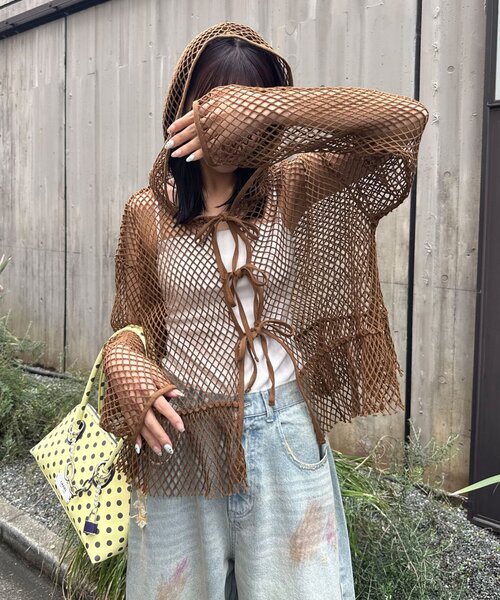 セール】【2サイズ展開】メッシュリボンフーディーカーディガン（T