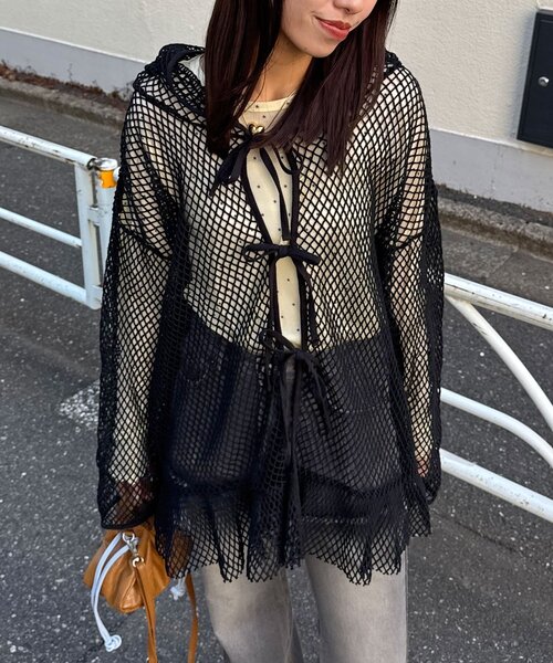 CIAOPANIC（チャオパニック）の「【2サイズ展開】メッシュリボンフーディーカーディガン（Tシャツ/カットソー・レディース・ベージュ/ブラック系その他/ブラック/ホワイト/ホワイト系その他/ベージュ系その他・1/0）」の3枚目の写真