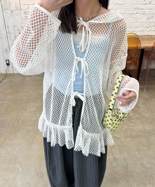 CIAOPANIC（チャオパニック）の「【2サイズ展開】メッシュリボンフーディーカーディガン（Tシャツ/カットソー・レディース・ベージュ/ブラック系その他/ブラック/ホワイト/ホワイト系その他/ベージュ系その他・1/0）」の7枚目の写真