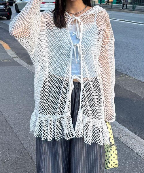 CIAOPANIC（チャオパニック）の「【2サイズ展開】メッシュリボンフーディーカーディガン（Tシャツ/カットソー・レディース・ベージュ/ブラック系その他/ブラック/ホワイト/ホワイト系その他/ベージュ系その他・1/0）」の8枚目の写真