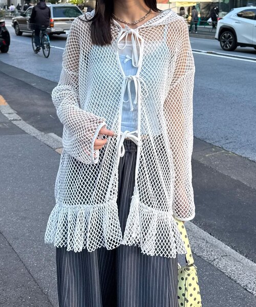 CIAOPANIC（チャオパニック）の「【2サイズ展開】メッシュリボンフーディーカーディガン（Tシャツ/カットソー・レディース・ベージュ/ブラック系その他/ブラック/ホワイト/ホワイト系その他/ベージュ系その他・1/0）」の9枚目の写真