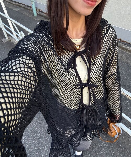 CIAOPANIC（チャオパニック）の「【2サイズ展開】メッシュリボンフーディーカーディガン（Tシャツ/カットソー・レディース・ベージュ/ブラック系その他/ブラック/ホワイト/ホワイト系その他/ベージュ系その他・1/0）」の16枚目の写真