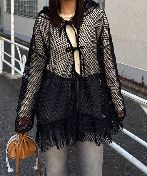 CIAOPANIC（チャオパニック）の「【2サイズ展開】メッシュリボンフーディーカーディガン（Tシャツ/カットソー・レディース・ベージュ/ブラック系その他/ブラック/ホワイト/ホワイト系その他/ベージュ系その他・1/0）」の17枚目の写真