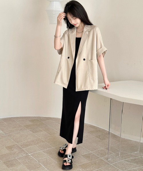 DAY CLOSET(デイ クローゼット)の「【ゆるっと羽織れてこなれ魅せ】半袖ドルマンスリーブダブルボタンテーラードジャケット レディース(テーラードジャケット・レディース・ブラック/チャコールグレー/ベージュ・L/M)」の16枚目の写真