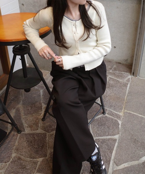 ISOOK(アイスー)の「ラウンドネックリブニットカーディガン(eri. select) / 春 ショート丈 短丈 クロップド丈 羽織り(カーディガン/ボレロ・レディース・ブラック/クリーム/グレー・FREE)」の9枚目の写真