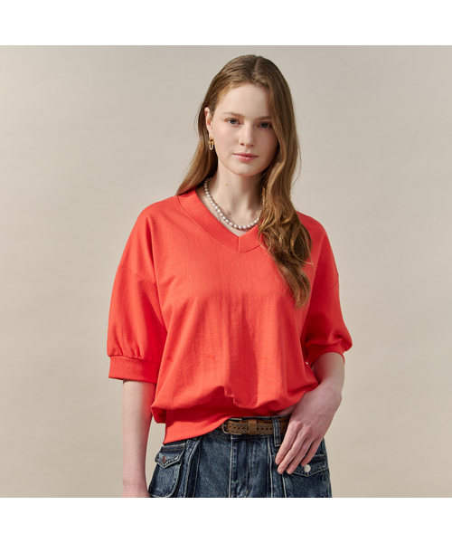 MAXZA(マージャコレクション)の「Vネックルーズフィット半袖スウェットTシャツ(スウェット・レディース・ターコイズブルー/クリーム/ダークパープル/ブラック/レッド・FREE)」の5枚目の写真