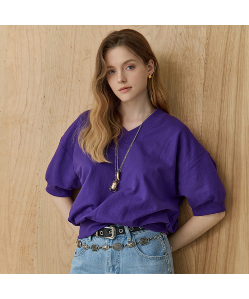 MAXZA(マージャコレクション)の「Vネックルーズフィット半袖スウェットTシャツ(スウェット・レディース・ターコイズブルー/クリーム/ダークパープル/ブラック/レッド・FREE)」の1枚目の写真
