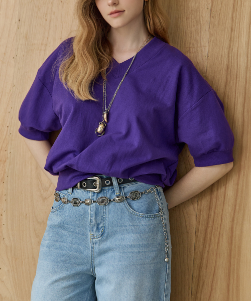 MAXZA(マージャコレクション)の「Vネックルーズフィット半袖スウェットTシャツ(スウェット・レディース・ターコイズブルー/クリーム/ダークパープル/ブラック/レッド・FREE)」の6枚目の写真