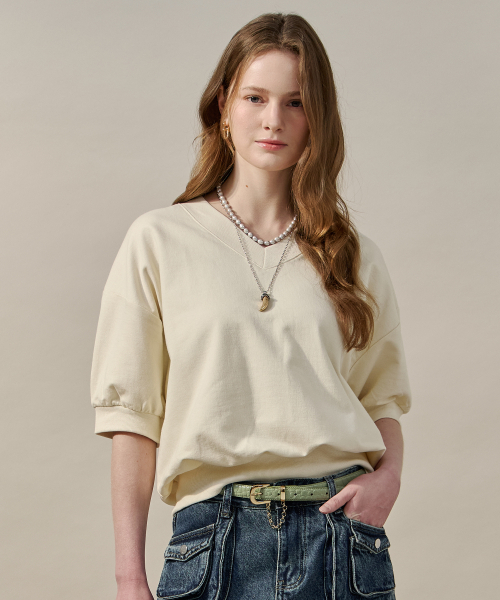 MAXZA(マージャコレクション)の「Vネックルーズフィット半袖スウェットTシャツ(スウェット・レディース・ターコイズブルー/クリーム/ダークパープル/ブラック/レッド・FREE)」の9枚目の写真