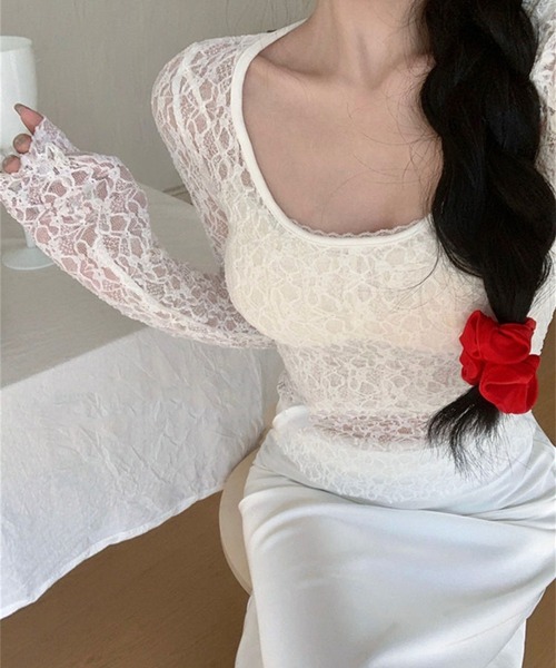 HALEY PESCA（ヘーリーペスカ）の「HALEY PESCA/シースルーレーストップス（Tシャツ/カットソー・レディース・ブラック/ホワイト・MEDIUM/SMALL）」の7枚目の写真