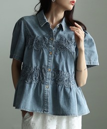 Sawa a la mode（サワアラモード）の「レース×ペプラムフレアデニムシャツ（シャツ/ブラウス）」
