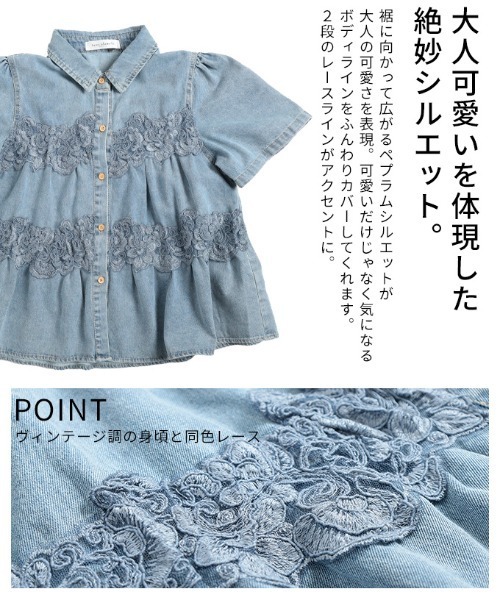 Sawa a la mode(サワアラモード)の「レース×ペプラムフレアデニムシャツ(シャツ/ブラウス・レディース・ブルー・FREE)」の6枚目の写真