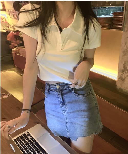Emilie(エミリー)の「ワンポイントハートクロップド丈ポロシャツ(Tシャツ/カットソー・レディース・ピンク/ホワイト・FREE)」の10枚目の写真