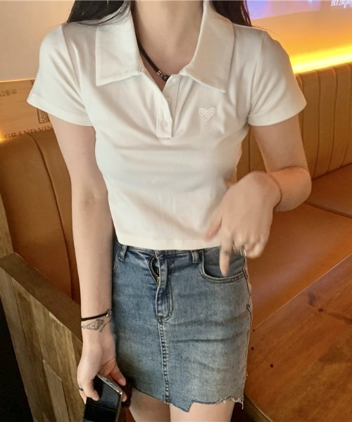 Emilie(エミリー)の「ワンポイントハートクロップド丈ポロシャツ(Tシャツ/カットソー・レディース・ピンク/ホワイト・FREE)」の11枚目の写真
