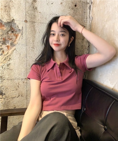 Emilie(エミリー)の「ワンポイントハートクロップド丈ポロシャツ(Tシャツ/カットソー・レディース・ピンク/ホワイト・FREE)」の17枚目の写真