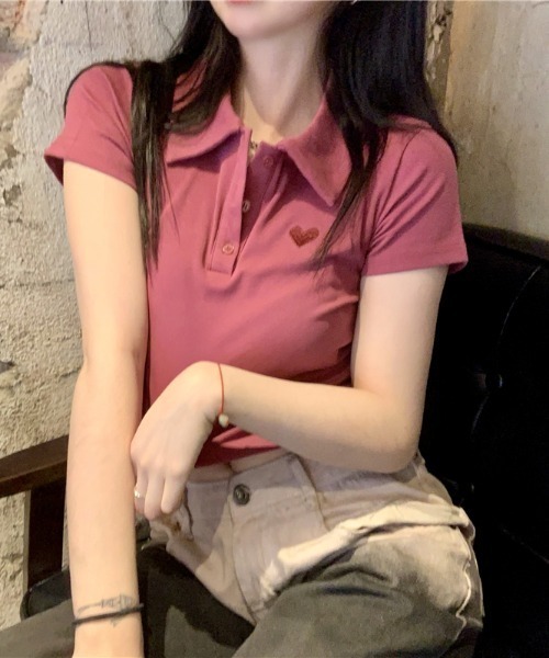 Emilie(エミリー)の「ワンポイントハートクロップド丈ポロシャツ(Tシャツ/カットソー・レディース・ピンク/ホワイト・FREE)」の19枚目の写真