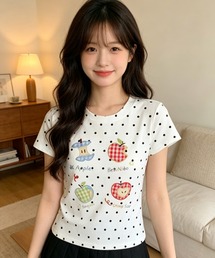 韓国風エネルギー ドットアップルプリント スリムフィット半袖Tシャツ