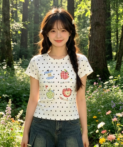 AsheKsha(アシクシャ)の「韓国風エネルギー ドットアップルプリント スリムフィット半袖Tシャツ(Tシャツ/カットソー・レディース・ホワイト・M)」の6枚目の写真