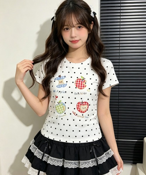 AsheKsha(アシクシャ)の「韓国風エネルギー ドットアップルプリント スリムフィット半袖Tシャツ(Tシャツ/カットソー・レディース・ホワイト・M)」の8枚目の写真