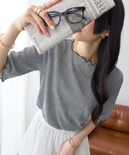 ReDial(リダイアル)の「配色使いプルオーバー(Tシャツ/カットソー・レディース・ブラック系/チェック/ブラウン系/アイボリー系・L/M/LL/3L)」の2枚目の写真