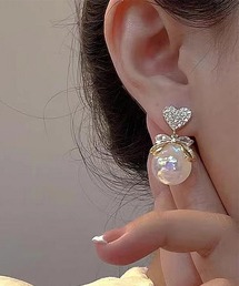 【Bz】ハートリボン＆パール風ピアス/両耳用//レディース(T3)