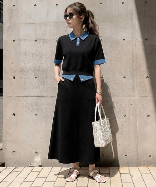 ARCHIVIO ✖️NEW ERAブラック Tシャツ スカート セットアップ ポロ襟×Aラインスカートセットアップ（セットアップ）｜La-gemme