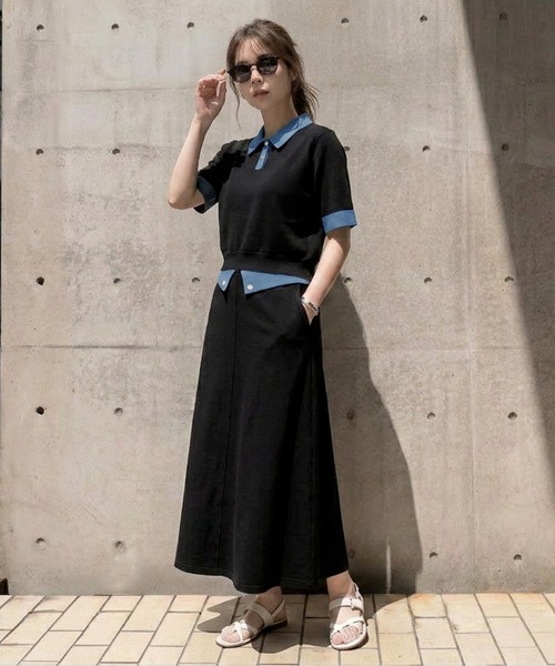 ARCHIVIO ✖️NEW ERAブラック Tシャツ スカート セットアップ ポロ襟×Aラインスカートセットアップ（セットアップ）｜La-gemme