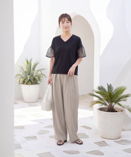 STYLE DELI(スタイルデリ)の「オーガンジースリーブVネックトップス(Tシャツ/カットソー・レディース・ナチュラル/ブラック・FREE)」の15枚目の写真