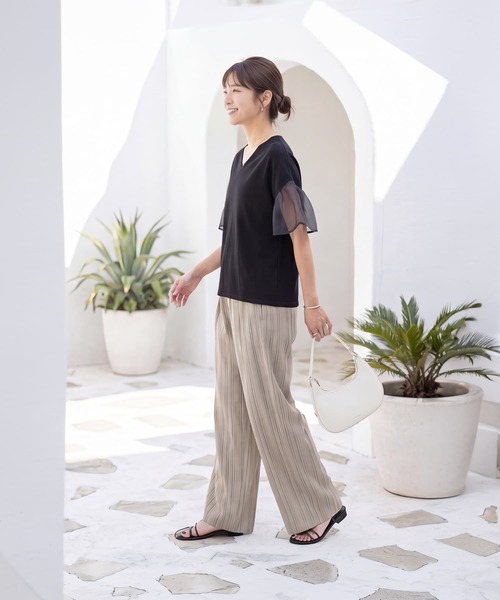 STYLE DELI(スタイルデリ)の「オーガンジースリーブVネックトップス(Tシャツ/カットソー・レディース・ナチュラル/ブラック・FREE)」の17枚目の写真