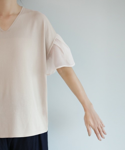 STYLE DELI(スタイルデリ)の「オーガンジースリーブVネックトップス(Tシャツ/カットソー・レディース・ナチュラル/ブラック・FREE)」の5枚目の写真