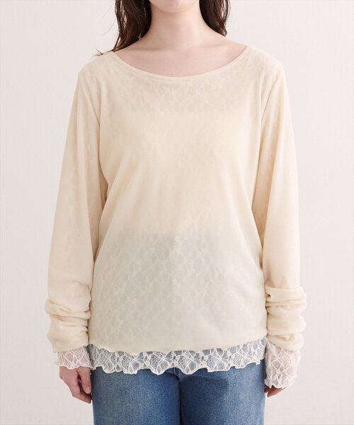 natural couture(ナチュラルクチュール)の「シアーベロア×レースリバーシブルTOPS(Tシャツ/カットソー・レディース・ブラウン/モカ/ブラック/アイボリー・FREE)」の19枚目の写真