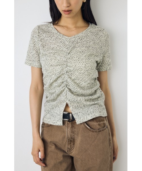 AZUL by moussy(アズールバイマウジー)の「【身長/骨格別着用画像あり】カットツイードフロントギャザートップス 半袖 夏服 秋服(Tシャツ/カットソー・レディース・ブラック系その他/ボルドー/オフホワイト・FREE)」の4枚目の写真