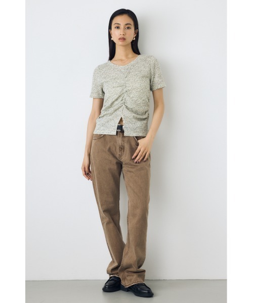 AZUL by moussy(アズールバイマウジー)の「【身長/骨格別着用画像あり】カットツイードフロントギャザートップス 半袖 夏服 秋服(Tシャツ/カットソー・レディース・ブラック系その他/ボルドー/オフホワイト・FREE)」の7枚目の写真