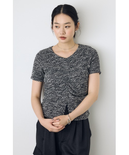 AZUL by moussy(アズールバイマウジー)の「【身長/骨格別着用画像あり】カットツイードフロントギャザートップス 半袖 夏服 秋服(Tシャツ/カットソー・レディース・ブラック系その他/ボルドー/オフホワイト・FREE)」の12枚目の写真
