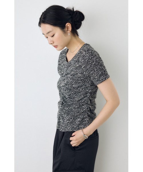 AZUL by moussy(アズールバイマウジー)の「【身長/骨格別着用画像あり】カットツイードフロントギャザートップス 半袖 夏服 秋服(Tシャツ/カットソー・レディース・ブラック系その他/ボルドー/オフホワイト・FREE)」の14枚目の写真