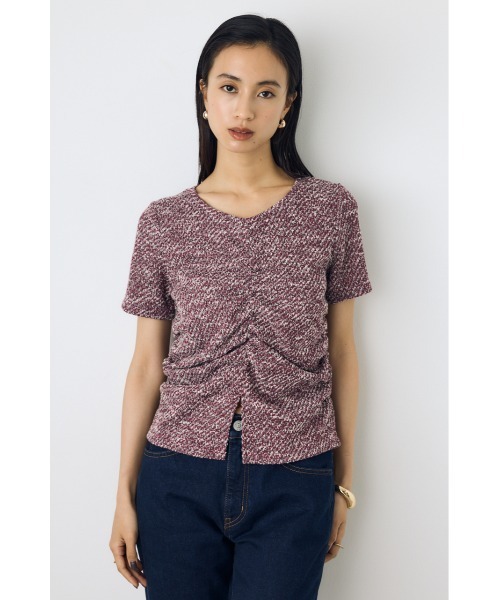AZUL by moussy(アズールバイマウジー)の「【身長/骨格別着用画像あり】カットツイードフロントギャザートップス 半袖 夏服 秋服(Tシャツ/カットソー・レディース・ブラック系その他/ボルドー/オフホワイト・FREE)」の21枚目の写真