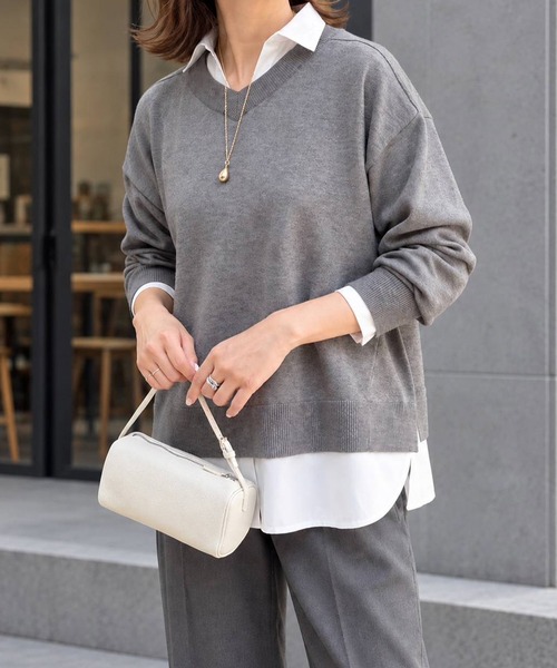 Emma Taylor（エマテイラー）の「【この１枚で決まる！】シャツレイヤード2wayニットプルオーバー（ニット/セーター・レディース・ベージュ/グレー・FREE）」の3枚目の写真