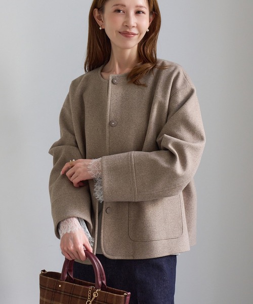 ROPE' PICNIC(ロペピクニック)の「ジャージーメルトン 金ボタンノーカラーブルゾン/ リンクコーデ(ブルゾン・レディース・ダークブラウン/キナリ/ブラック・FREE)」の3枚目の写真