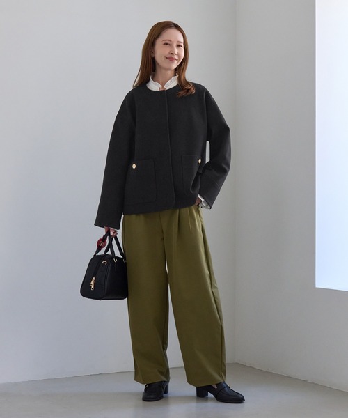 ROPE' PICNIC(ロペピクニック)の「ジャージーメルトン 金ボタンノーカラーブルゾン/ リンクコーデ(ブルゾン・レディース・ダークブラウン/キナリ/ブラック・FREE)」の4枚目の写真