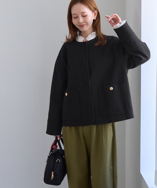 ROPE' PICNIC(ロペピクニック)の「ジャージーメルトン 金ボタンノーカラーブルゾン/ リンクコーデ(ブルゾン・レディース・ダークブラウン/キナリ/ブラック・FREE)」の6枚目の写真