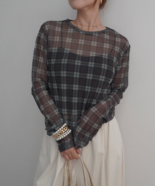 Rashik(ラシク)の「【Rashik】チェック柄シアートップス(Tシャツ/カットソー・レディース・レッド/イエロー/グリーン・FREE)」の4枚目の写真