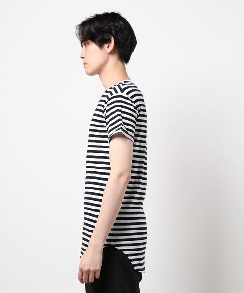 NOT RIGID（ノットリジット）の「【BS】天竺ボーダーロング丈クルーネック半袖Tシャツ（Tシャツ/カットソー・メンズ・ブラック/ネイビー・MEDIUM/LARGE）」の3枚目の写真