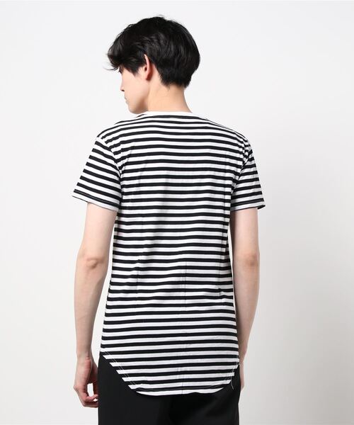 NOT RIGID（ノットリジット）の「【BS】天竺ボーダーロング丈クルーネック半袖Tシャツ（Tシャツ/カットソー・メンズ・ブラック/ネイビー・MEDIUM/LARGE）」の4枚目の写真