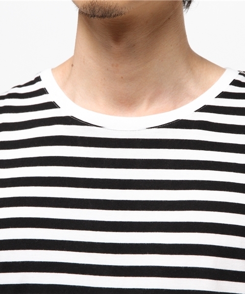NOT RIGID（ノットリジット）の「【BS】天竺ボーダーロング丈クルーネック半袖Tシャツ（Tシャツ/カットソー・メンズ・ブラック/ネイビー・MEDIUM/LARGE）」の5枚目の写真