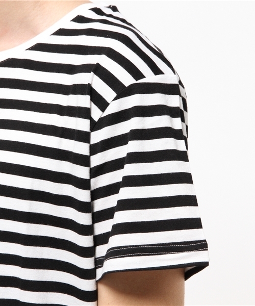 NOT RIGID（ノットリジット）の「【BS】天竺ボーダーロング丈クルーネック半袖Tシャツ（Tシャツ/カットソー・メンズ・ブラック/ネイビー・MEDIUM/LARGE）」の6枚目の写真