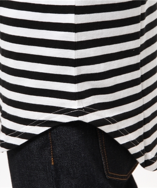 NOT RIGID（ノットリジット）の「【BS】天竺ボーダーロング丈クルーネック半袖Tシャツ（Tシャツ/カットソー・メンズ・ブラック/ネイビー・MEDIUM/LARGE）」の7枚目の写真