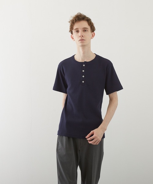 VIBGYOR(ヴィブジョー)の「【VIBGYOR BY AS】サーマル半袖ヘンリーネック(BL)(Tシャツ/カットソー・メンズ・グレー/カーキ/ライトピンク/ホワイト/ブラック/ネイビー/サックスブルー・MEDIUM/X-LARGE/LARGE)」の5枚目の写真