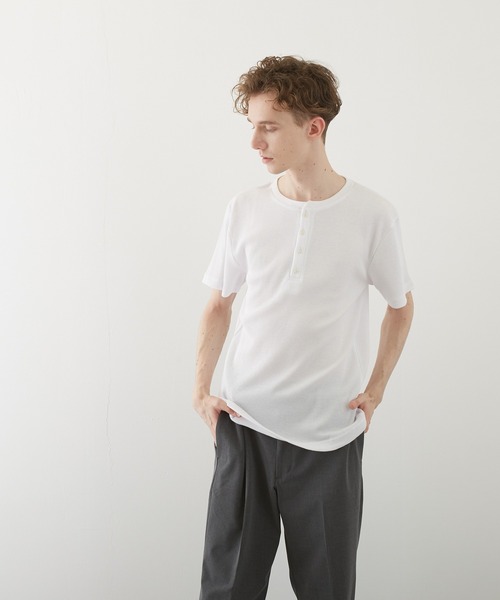 VIBGYOR(ヴィブジョー)の「【VIBGYOR BY AS】サーマル半袖ヘンリーネック(BL)(Tシャツ/カットソー・メンズ・グレー/カーキ/ライトピンク/ホワイト/ブラック/ネイビー/サックスブルー・MEDIUM/X-LARGE/LARGE)」の12枚目の写真