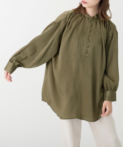 Ambre Neige（アンブルネージュ）の「チャイナ風シャツ／ヴィンテージサテンチュニック／サテンブラウス／【WEB/EC限定商品】（シャツ/ブラウス・レディース・ダークブラウン/カーキ/アイボリー・FREE）」の3枚目の写真