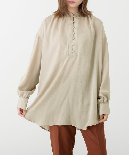 Ambre Neige（アンブルネージュ）の「チャイナ風シャツ／ヴィンテージサテンチュニック／サテンブラウス／【WEB/EC限定商品】（シャツ/ブラウス・レディース・ダークブラウン/カーキ/アイボリー・FREE）」の2枚目の写真